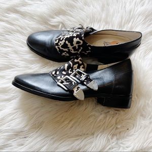 MICHAEL Michael Kors Black Leather & Calf Hair Buckle Detail Slip On Loafers